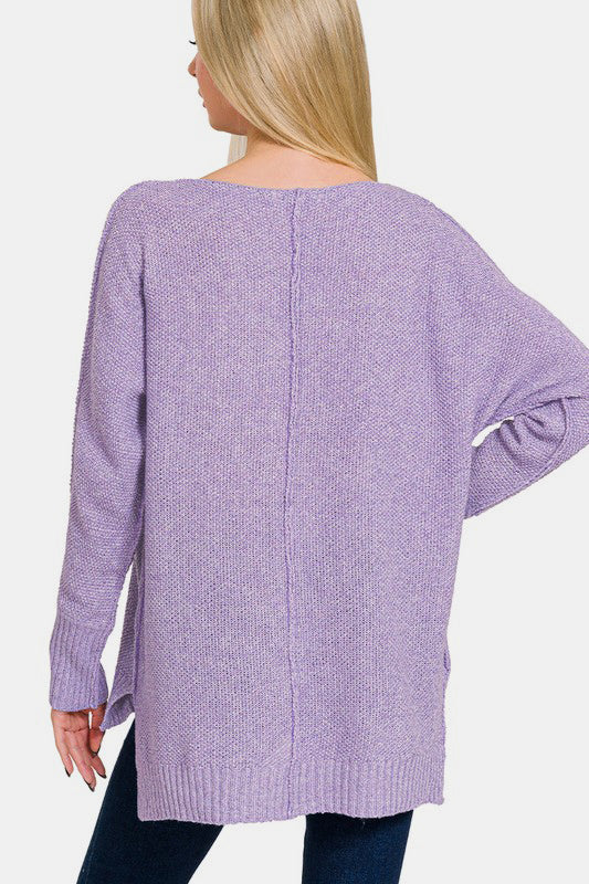 Zenana Lavender High-Low Center Seam V-Neck Sweater Shirts & Tops