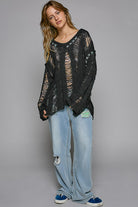 POL Black Distressed Dropped Shoulder Long Sleeve Knit Top Black Trendsi