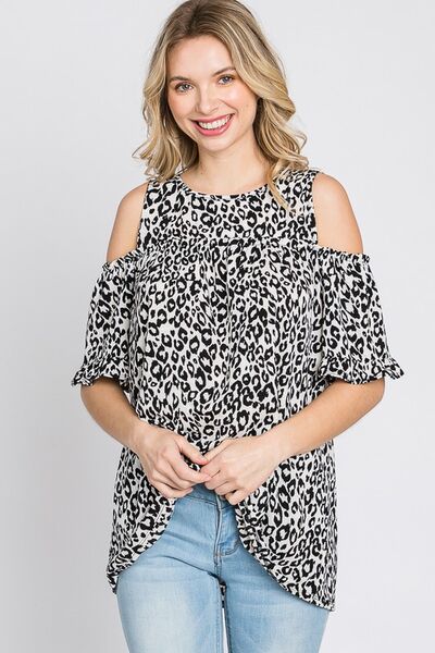 Heimish Leopard Round Neck Cold Shoulder Ruffle Sleeve Blouse