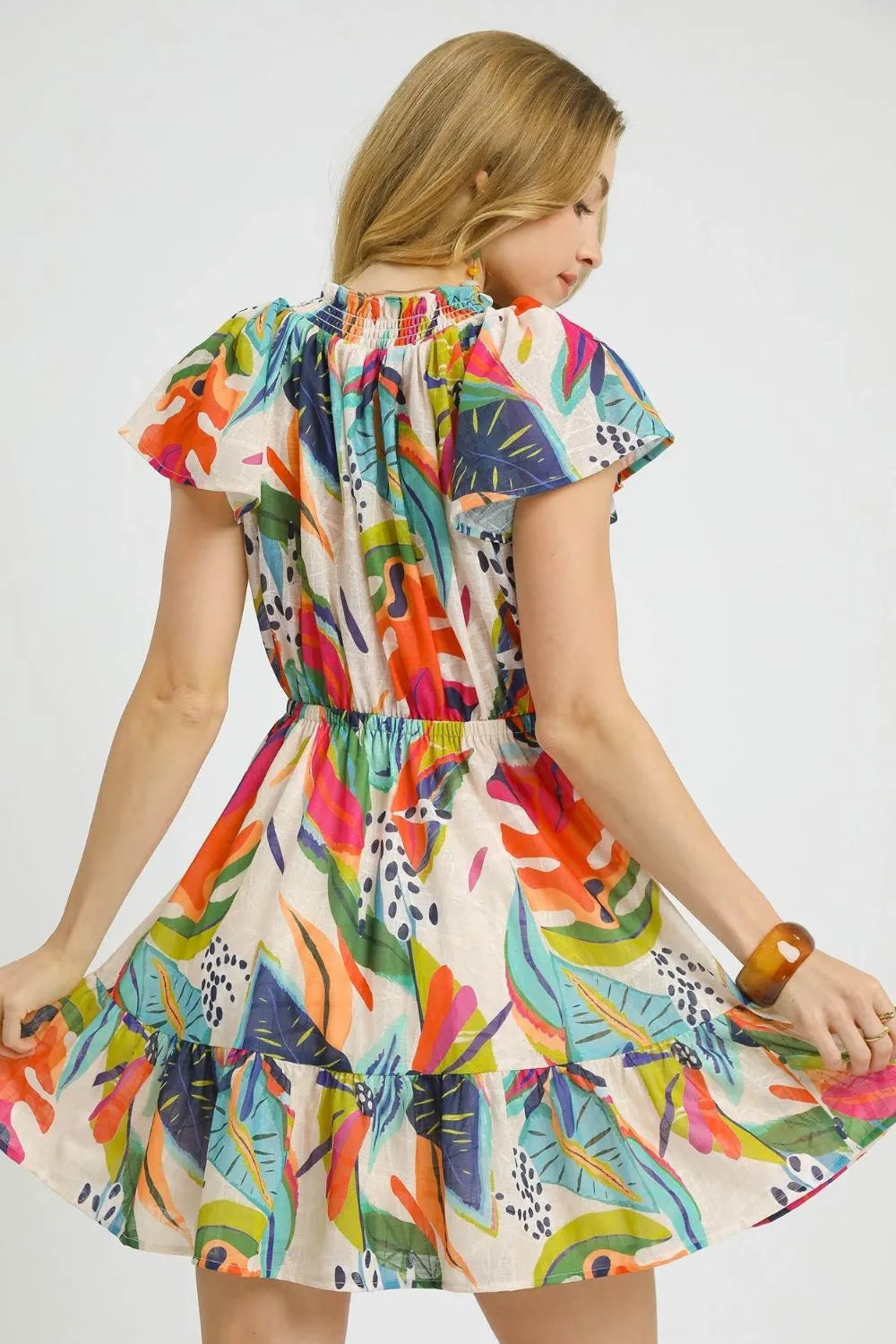 Umgee Orange Mix Tropical Printed Tie Neck Ruffled Hem Dress