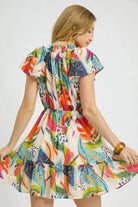 Umgee Orange Mix Tropical Printed Tie Neck Ruffled Hem Dress