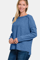 Zenana Navy Exposed Seam Brushed Ribbed Round Neck Sweater Shirts & Tops