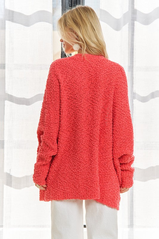 ADORA Coral Popcorn Knit Open Front Long Sleeve Cardigan