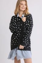 Umgee Black Dalmatian Hand Stamped Open Front Cardigan Black Shirts & Tops