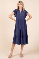 Mittoshop Dark Navy Ruffle Sleeve Collared V Neck Tiered Midi Dress