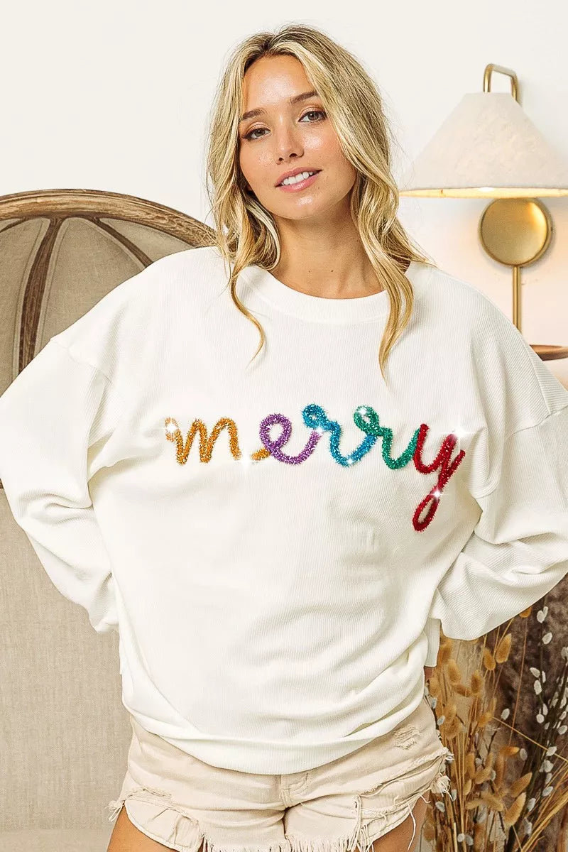 BiBi White Merry Tinsel Multi Lettering Drop Shoulder Sweatshirt