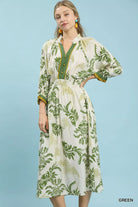 Umgee Green Tropical Print Button Detail Midi Dress GREEN