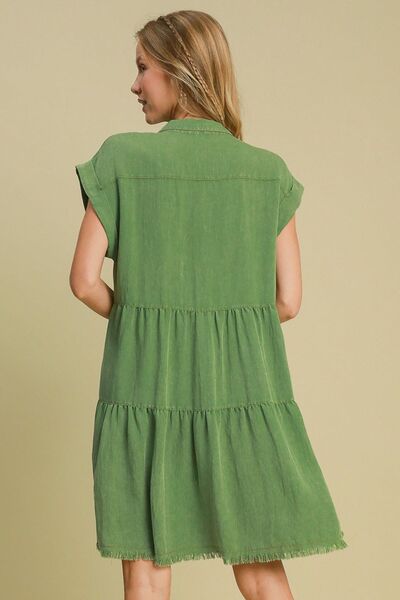 Umgee Green Frayed Hemline Button Down Shirt Dress