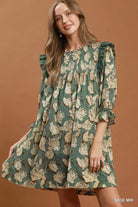 Umgee Sage Mix Floral Print Smocked Ruffle Detail Flowy Dress SAGE MIX