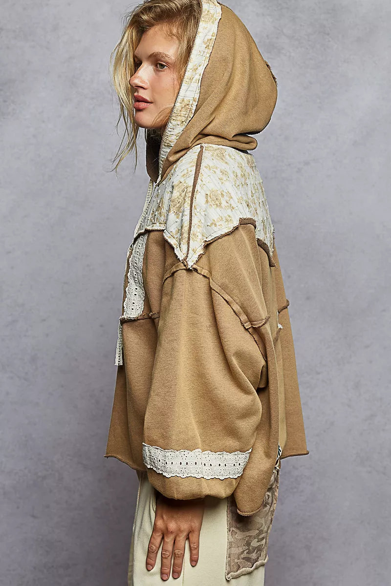 POL Cocoa Drawstring French Terry Hoodie with Gauze Print Patch