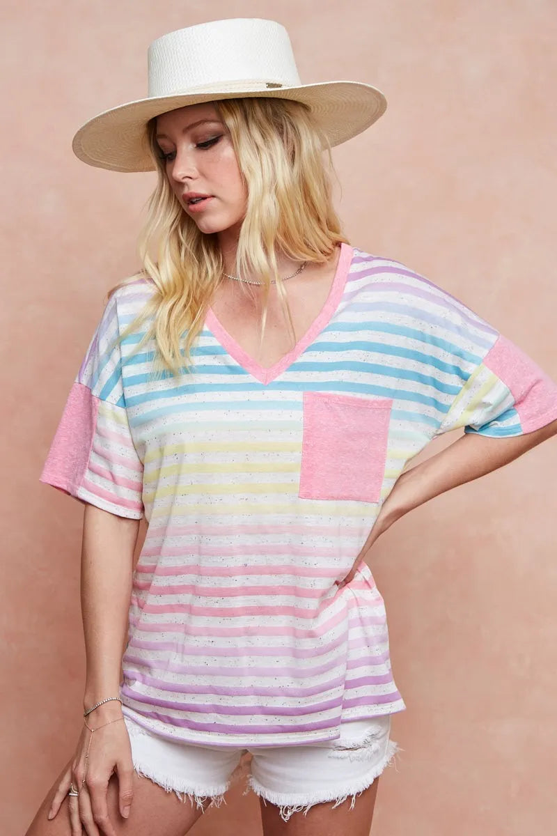 BiBi Rainbow Stripe Printed Triblend Knit Top