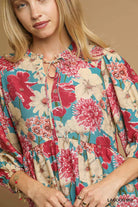 Umgee Lagoon Mix Floral Peplum Blouse with Tie Neck
