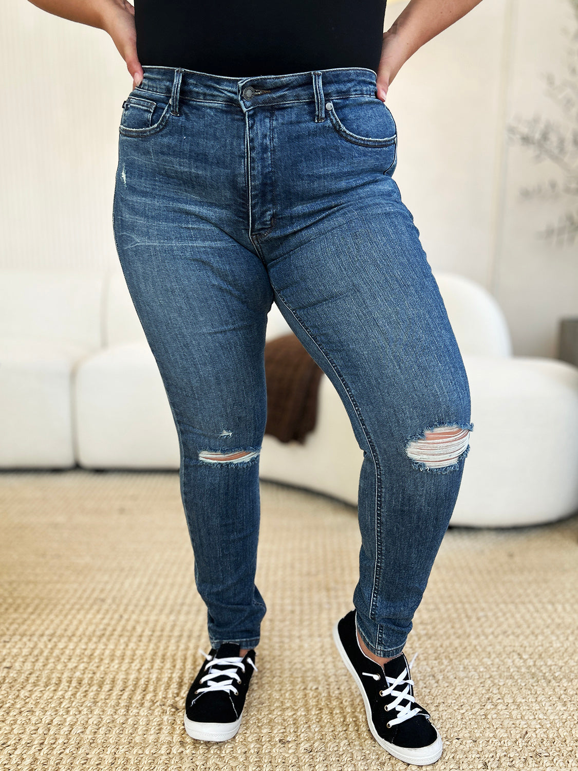 Judy Blue Dark Washed Mid Waist Distressed Slim Jeans Trendsi