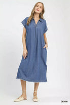 Umgee Stone Washed Collared Denim Midi Dress DENIM