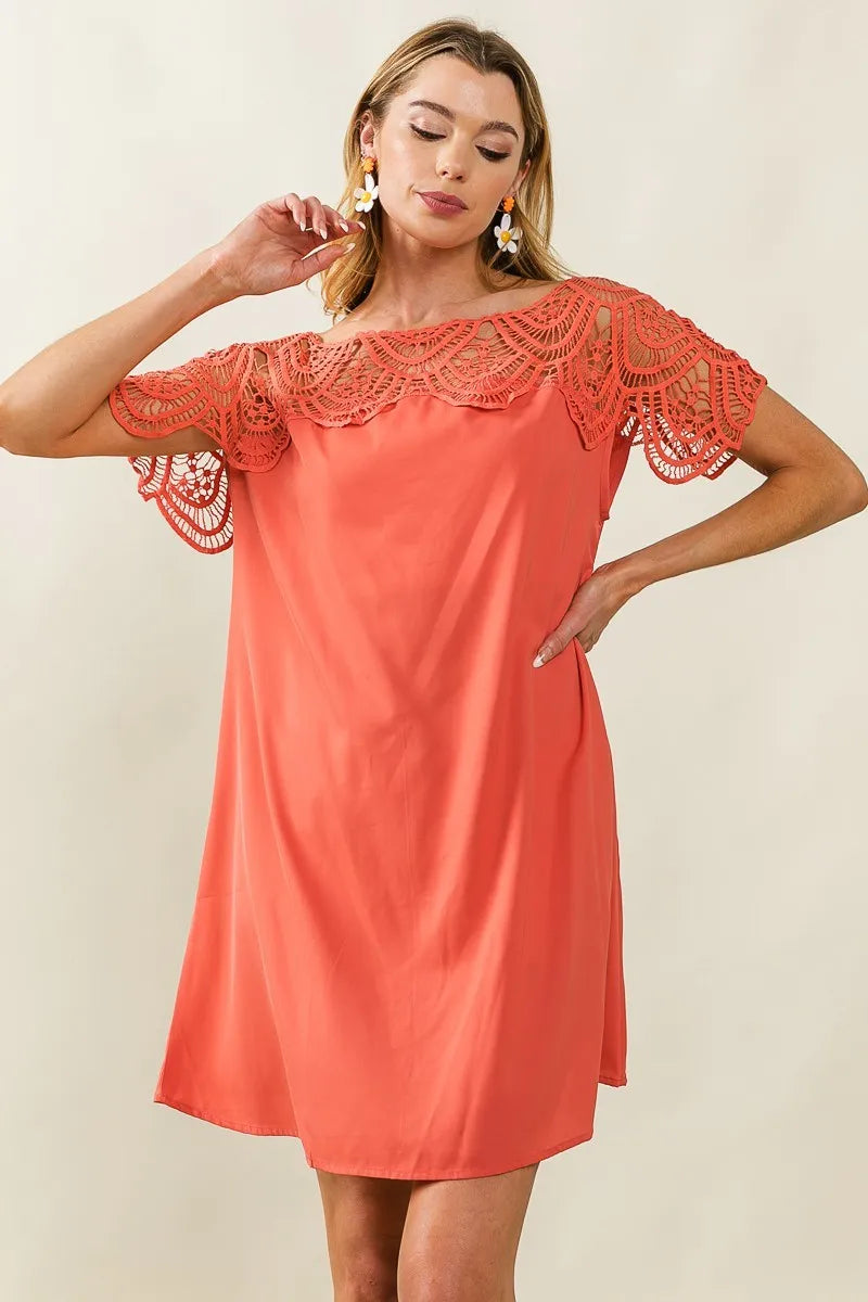 BiBi Apricot Crochet Lace Yoke Detailed Wrinkled Dress