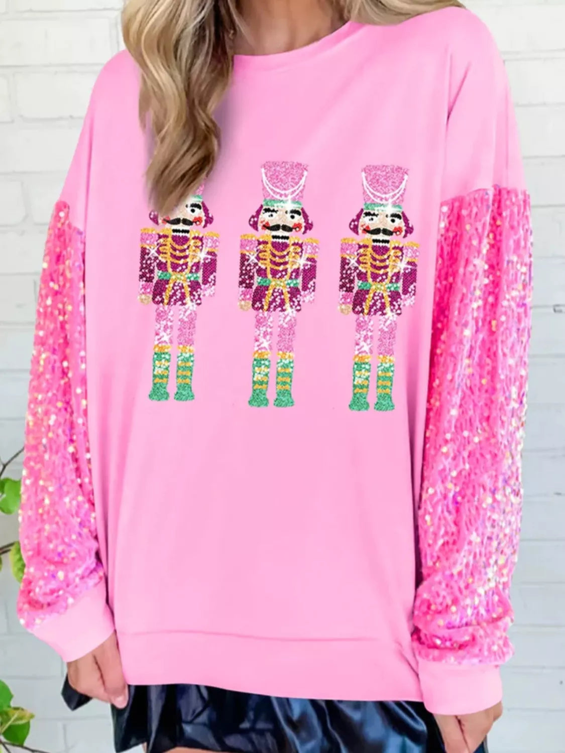 Preorder: Christmas Theme Sequin Long Sleeve Sweatshirt Blush Pink