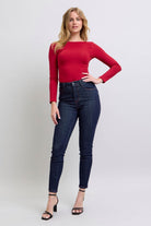 Judy Blue Dark Washed Heart Shaped Back Pockets Skinny Jeans Trendsi