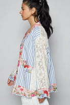 POL Blue Multi Lace Long Sleeve Striped Cardigan with Contrast Floral Detail