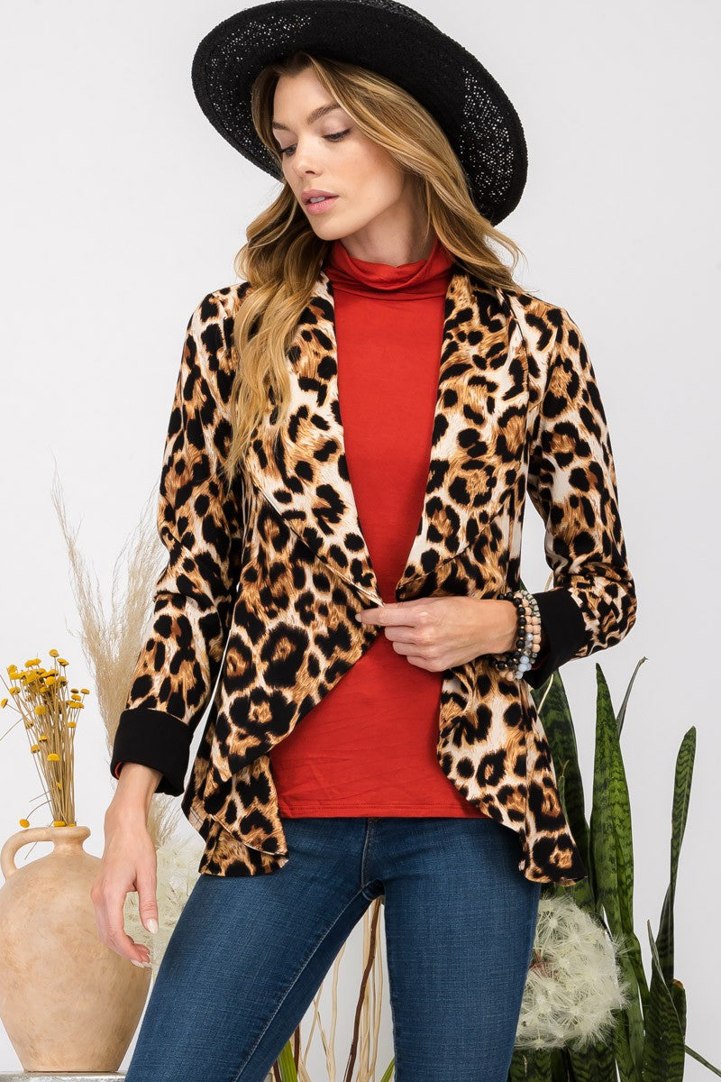 Celeste Leopard Open Front Long Sleeve Blazer Trendsi