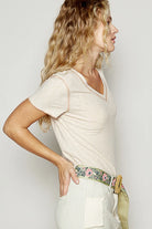 POL Almond V-Neck Short Sleeve Ribbed T-Shirt with Contrast Overlock Stitching