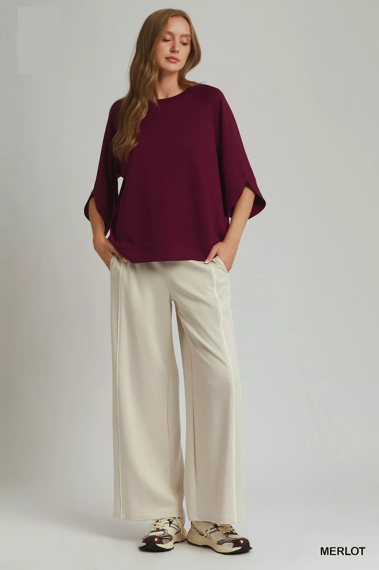 Umgee Merlot Round Hem Raglan Sleeve Top