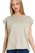 Zenana Sleet Crinkle Washed Round Neck Folded Short Sleeve Tee SLEET