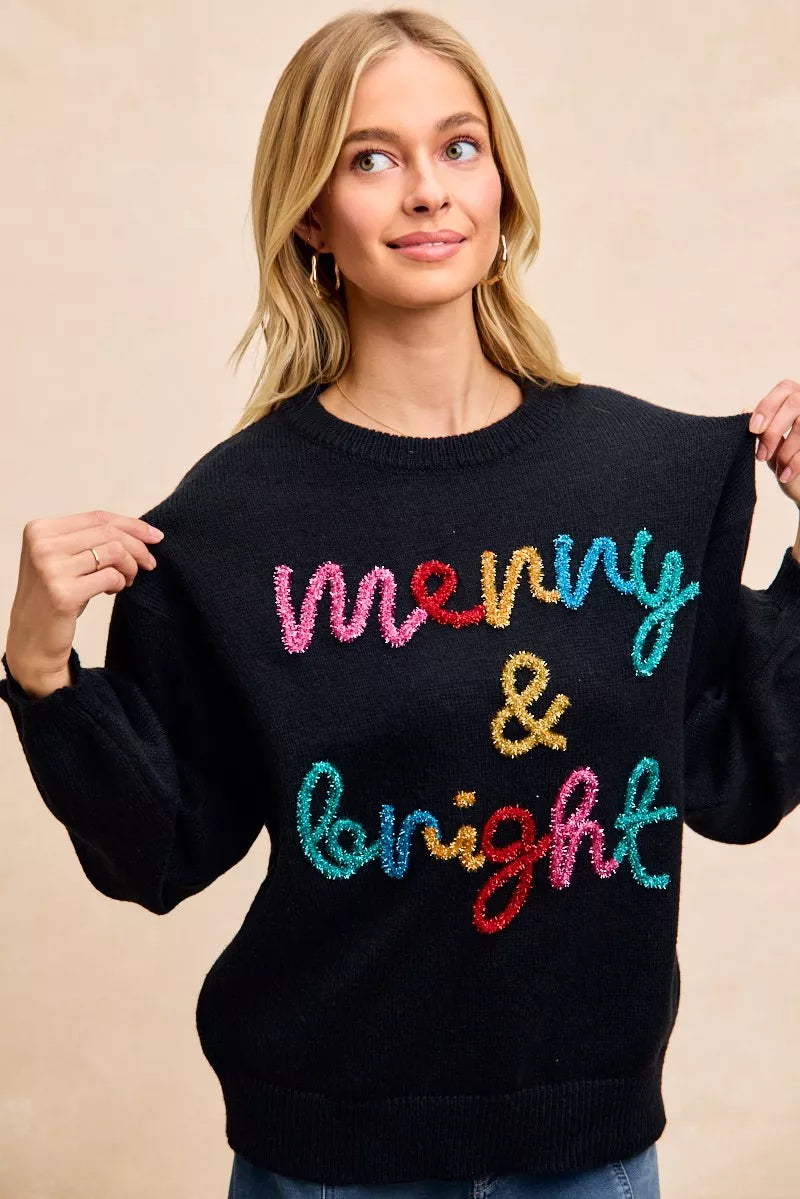 BiBi Black Tinsel Lettering Merry & Bright Christmas Sweater