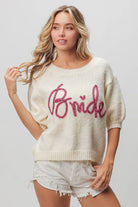 BiBi Ivory Bride Metallic Letter Short Puff Sleeve Hairy Sweater
