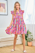 First Love Pink Multi Printed Ruffle Cap Sleeve Tiered Dress Trendsi