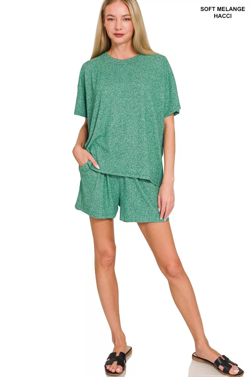 Zenana Dark Green Soft Melange Short Sleeve Tee and Shorts Set
