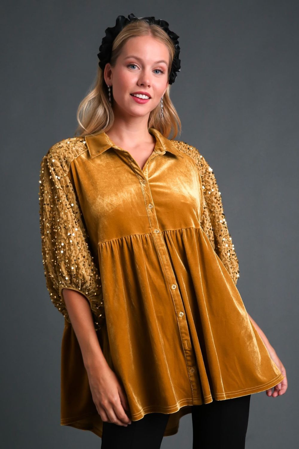 Umgee Mustard Velvet Sequin Detail Tiered Back Half Sleeve Blouse Mustard Shirts & Tops