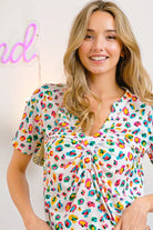 BiBi Multi Color Leopard Jersey Shirred V Neck Top