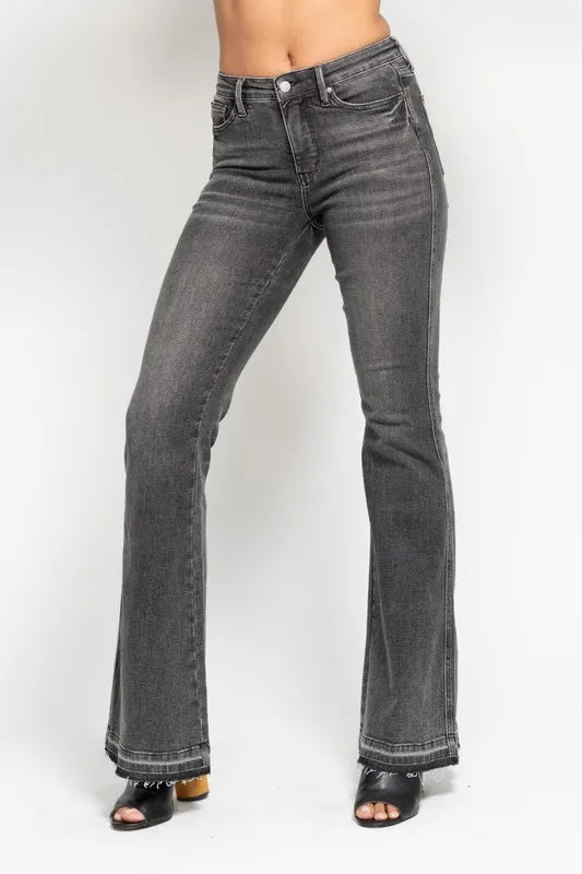 Judy Blue Gray Midi Rise Tummy Control Washed Gray Release Hem Flare Jeans