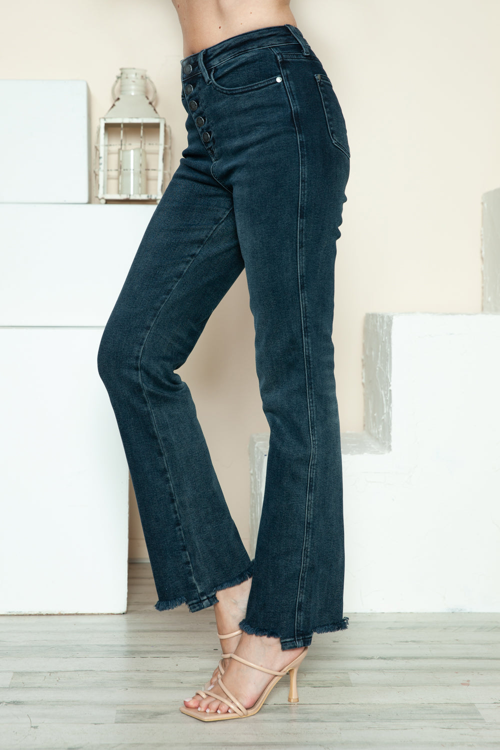 Judy Blue Dark Washed Button Fly Destroy Hem Straight Jeans Trendsi