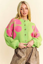 Davi & Dani Lime Flower Contrast Round Neck Long Sleeve Button Down Cardigan Shirts & Tops