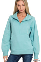 Zenana Dusty Teal Half Zip Fleece Sweatshirt with kangaroo Pocket