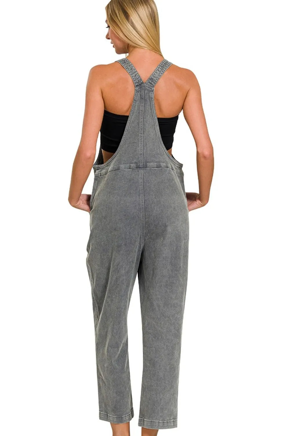 Zenana Ash Black Washed Knot Strap Relaxed Fit Overalls