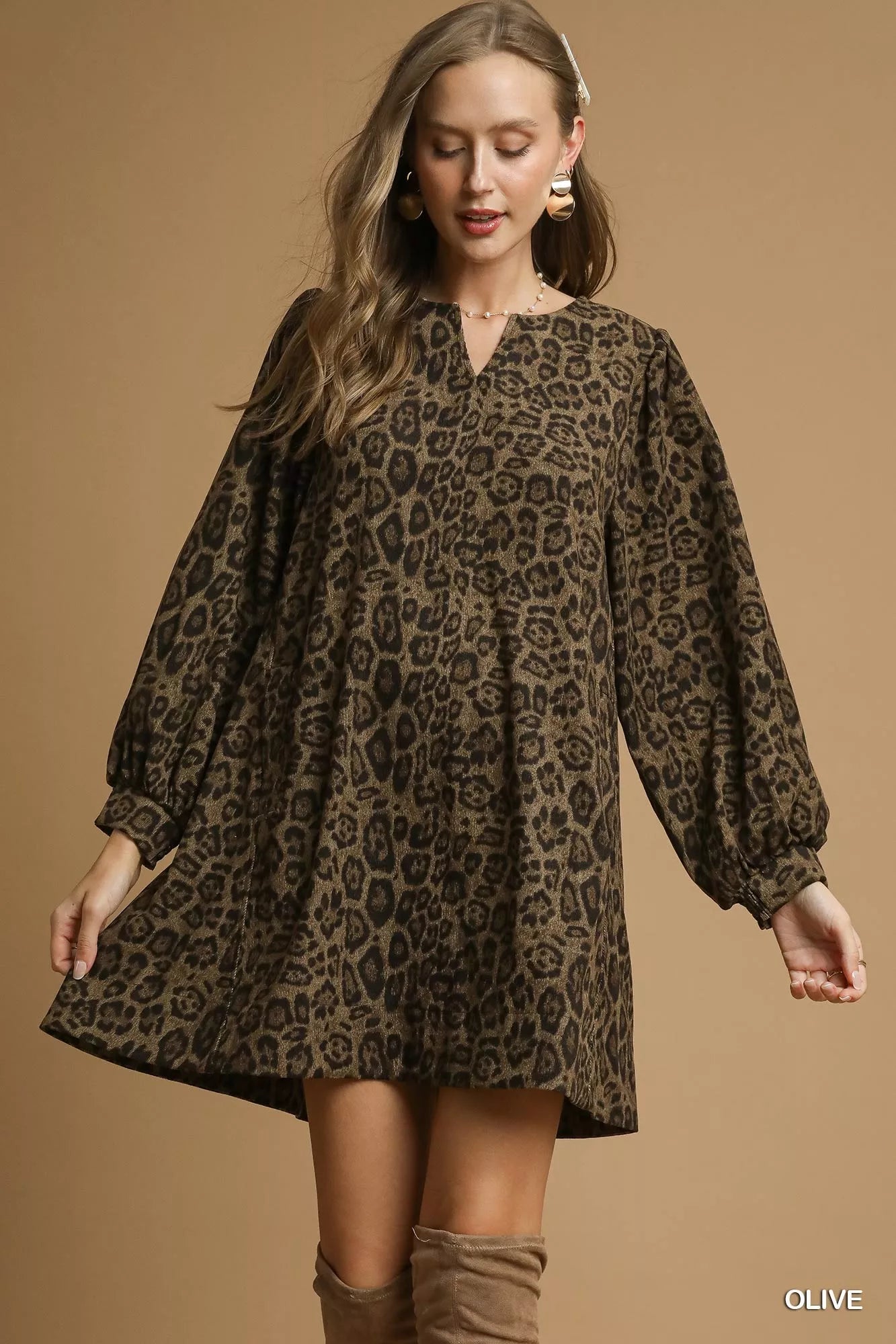 Umgee Olive Leopard Print Long Sleeve Swing Dress Olive
