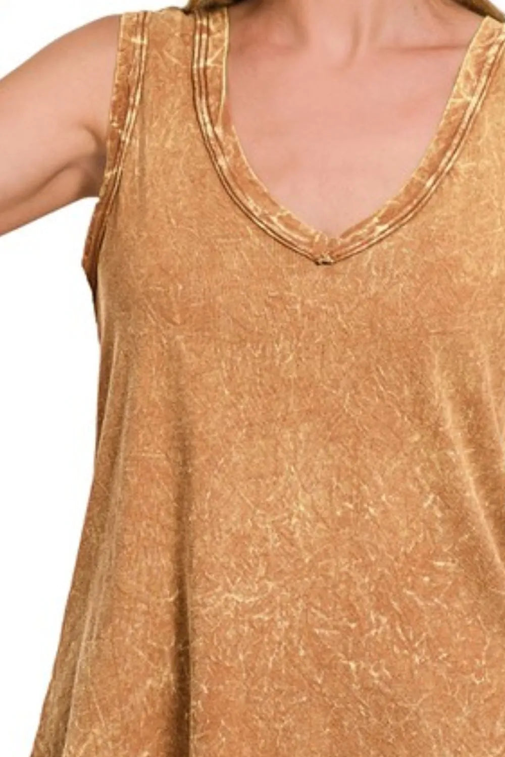 Zenana Deep Camel Crinkle Washed V-neck Sleeveless Top