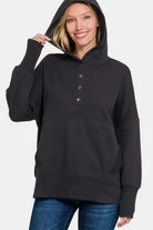 Zenana Black Half Snap Long Sleeve Hoodie with Kangaroo Pocket Black Shirts & Tops