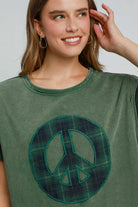 Umgee Peace Dark Green Applique Round Neck French Terry Top