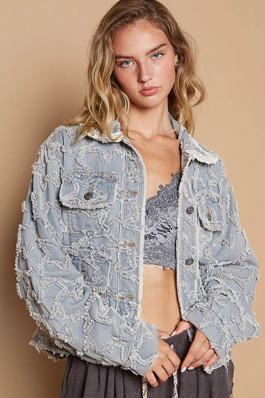 POL Star Textured Raw Hem Long Sleeve Denim Jacket Coats & Jackets