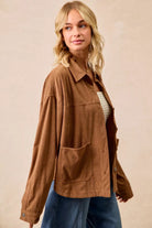 BiBi Camel Corduroy Relaxed Fit Shacket with Back Pleat