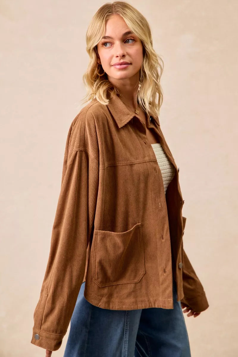 BiBi Camel Corduroy Relaxed Fit Shacket with Back Pleat