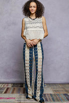 POL Natural & Navy Openwork Wide Leg Pants with Stripe Detail