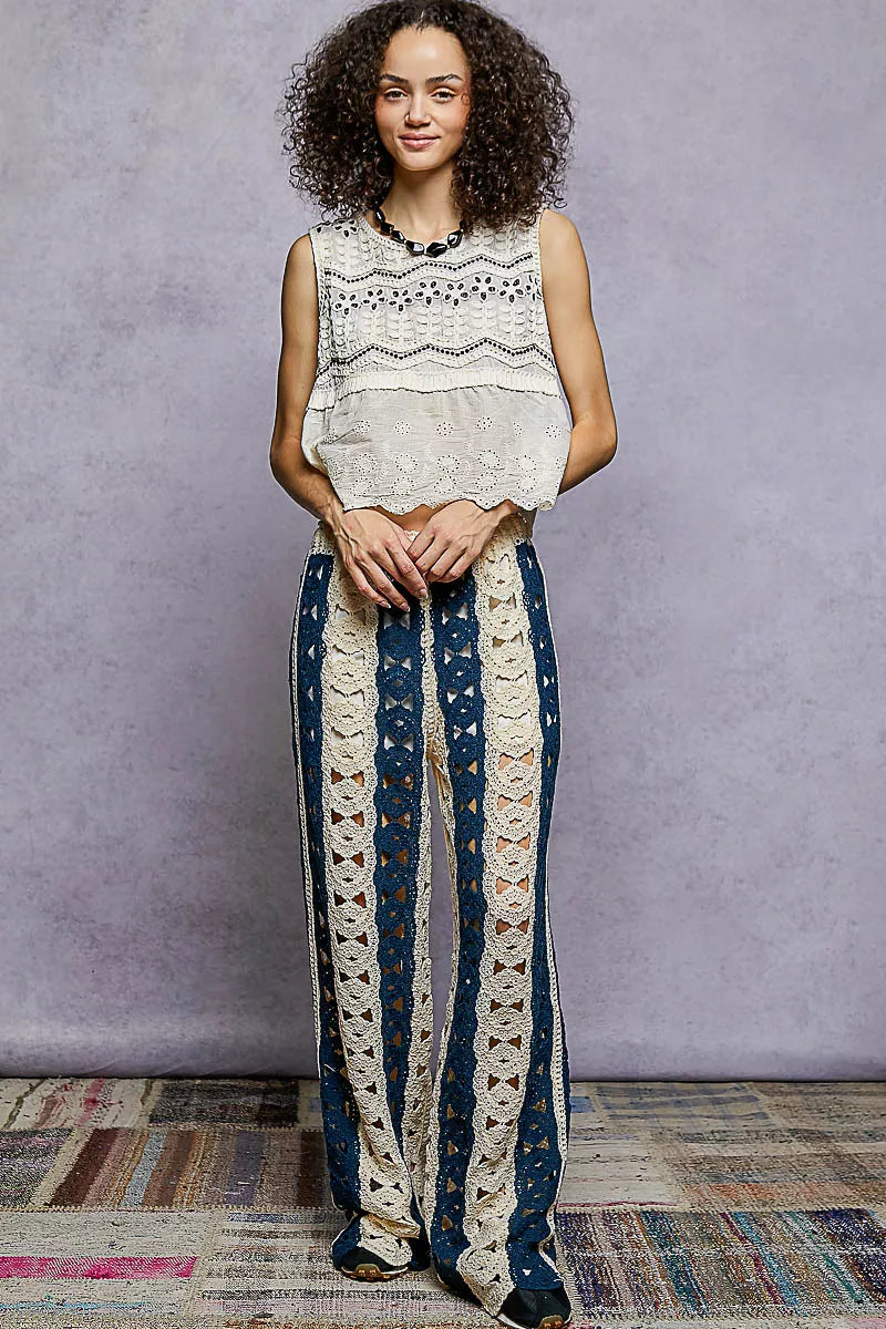 POL Natural & Navy Openwork Wide Leg Pants with Stripe Detail