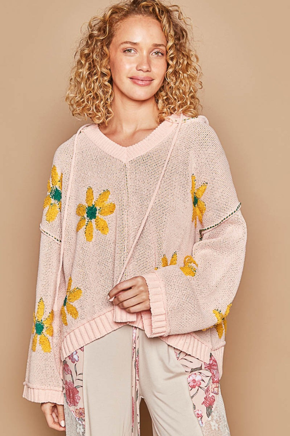 POL Pink Floral Pattern Hooded High-Low Sweater Pink Trendsi