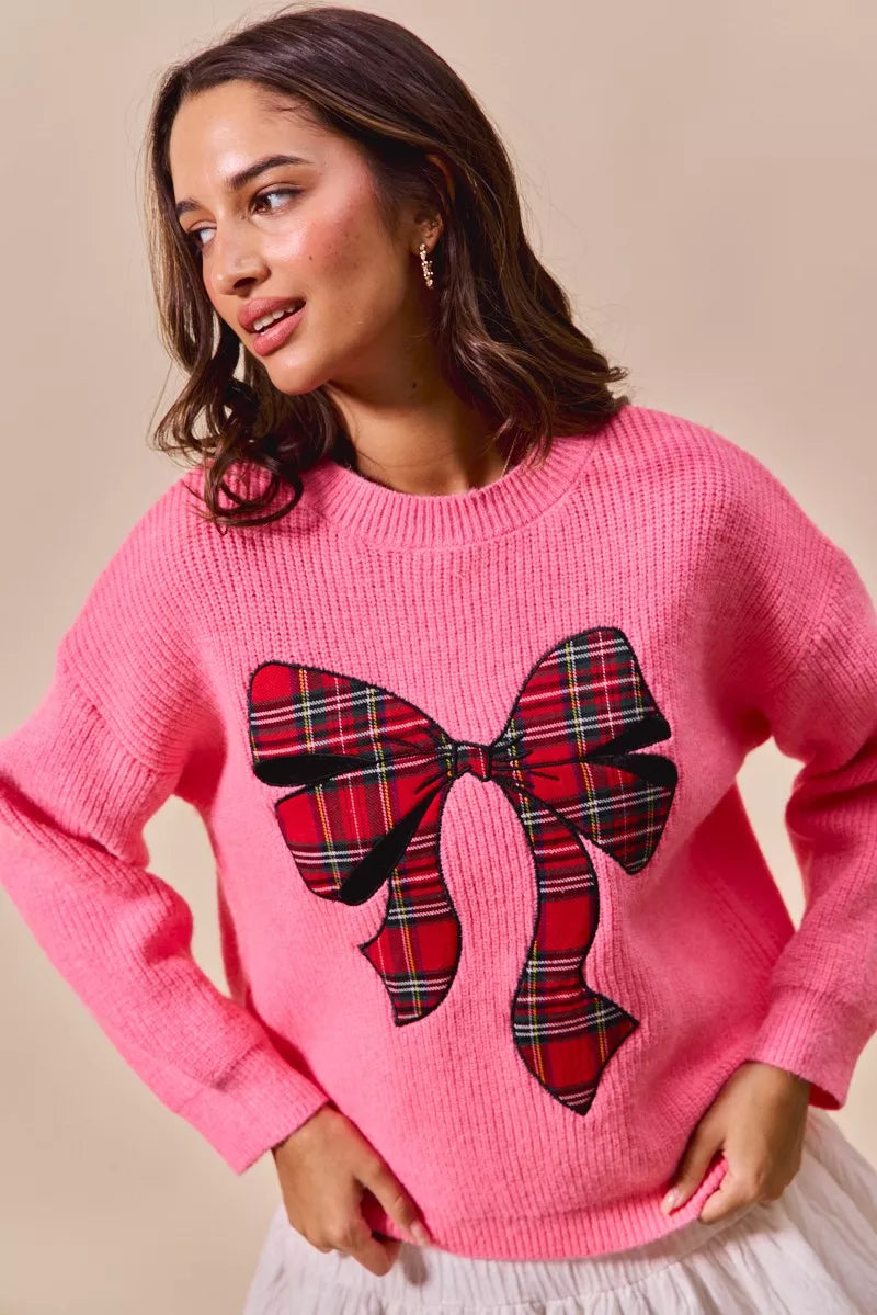 SO ME Pink Checker Plaid Ribbon Christmas Holiday Sweater