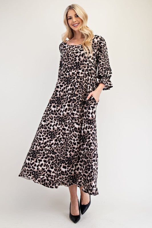 Celeste Brown Leopard Round Neck Flounce Sleeve Dress Brown