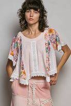 POL Round Neck Ribbed Cropped Top with Lace Detail PALE PINK